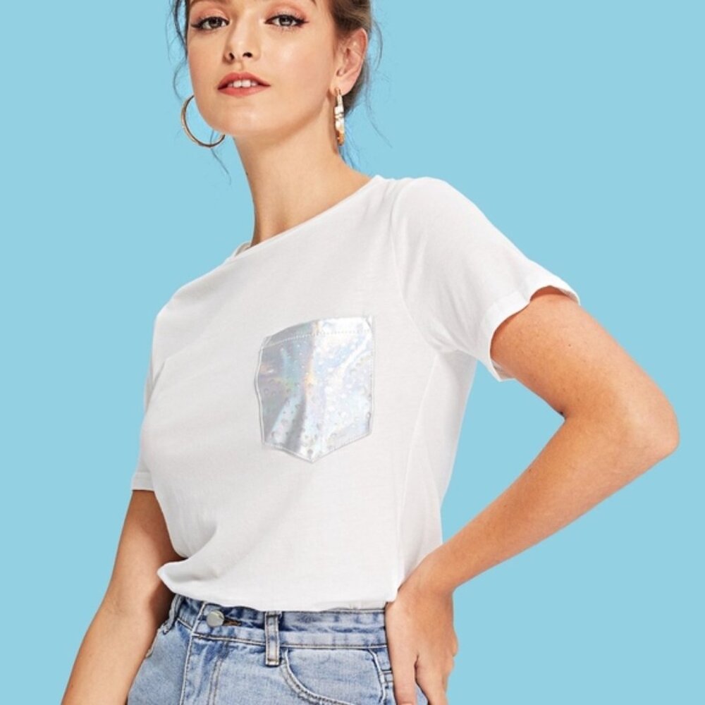 Clear Out‼️ White TShirt with Hologram Iridescent Front